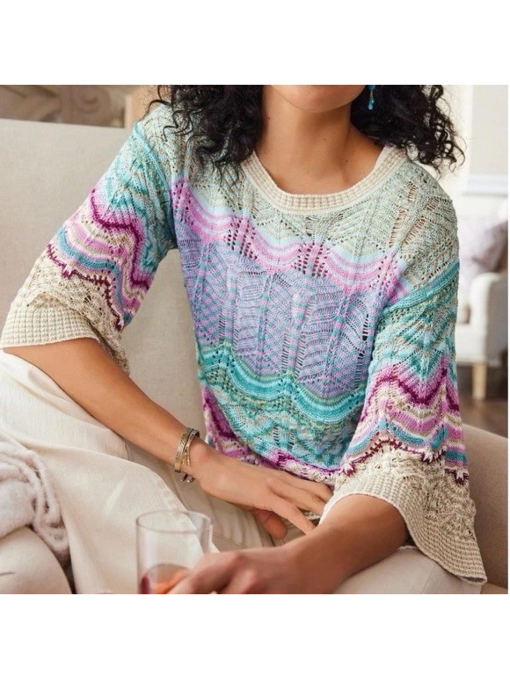 Soft Surroundings Pastel Wave Knit Top in Blue, Pink, Gold